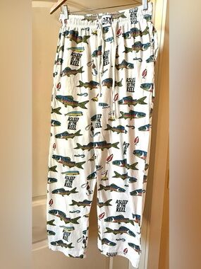 Unisex Lazy One,Asleep at the Reel Fish Themed Print White Pajama Pants Sz M